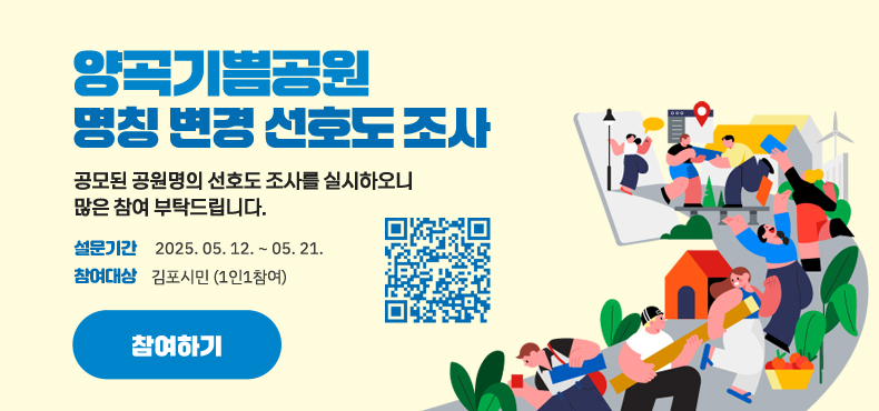 「양곡기쁨공원」명칭 변경 선호도 조사
공모된 공원명의 선호도 조사를 실시하오니 많은 참여 부탁드립니다.
1. 설문기간 : 2025. 05. 12. ~ 05. 21.
2. 참여대상 : 김포시민 (1인1참여)
참여하기
QR(https://moaform.com/q/SLzzfl)